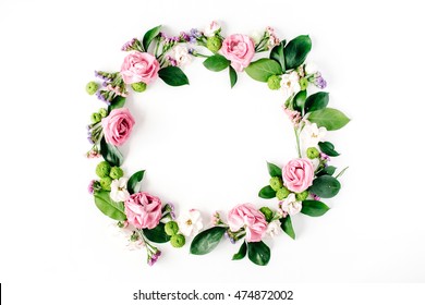 Round Frame Wreath Pattern With Roses, Pink Flower Buds, Branches And Leaves Isolated On White Background. Flat Lay, Top View