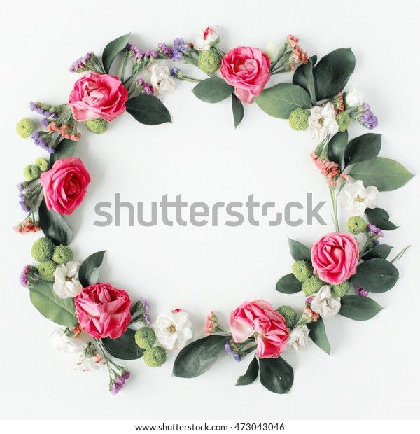 round frame wreath pattern with roses, pink flower\
buds, branches and leaves isolated on white background. flat lay,\
top view