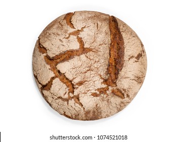 Round Freshly Baked Rustic Rye Round Bread. Top View Isolated On White