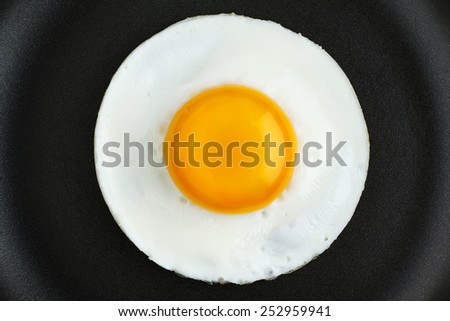 Round fried egg in frying pan close-up