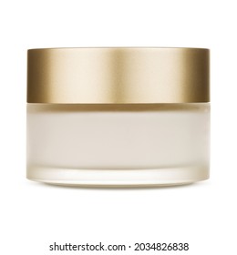 A round glass jar for cosmetics with a gold lid. Packaging for a cream or other cosmetic product.