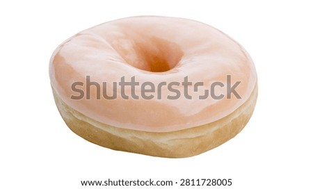 Round glazed donut with smooth light pink sugar icing topping