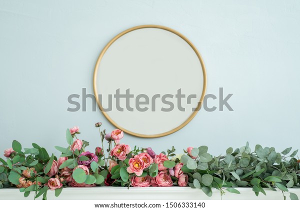 Round Gold Mirror On Wall Above Stock Photo Edit Now 1506333140