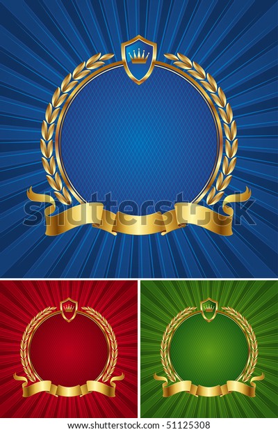 Round golden frame\
with ribbon and wreath