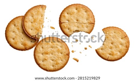 Round golden salted crackers with bite marks and crumbs