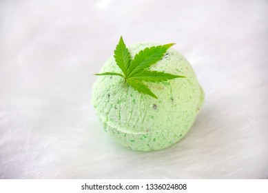 Round Green Cannabis Bath Bomb With Marijuana Leaf Isolated On White Background