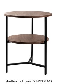 round grey table on three black legs, isolated on a white background