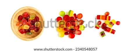 Round Gummy Candy Pile in Bowl Isolated, Chewing Colorful Marmalade Pills, Jelly Gumdrops Heap, Gelatin Candies Set on White Background Top View
