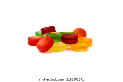 Round Gummy Candy Pile Isolated. Chewing Colorful Marmalade Pills, Jelly Gumdrops Heap, Gelatin Candies Set On White Background Side View