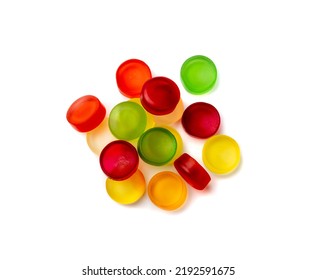 Round gummy candy pile isolated. Chewing colorful marmalade pills, jelly gumdrops heap, gelatin candies set on white background top view