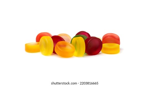 Round gummy candy pile isolated. Chewing colorful marmalade pills, jelly gumdrops heap, gelatin candies colection on white background side view
