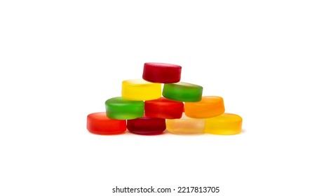 Round Gummy Candy Pile Isolated. Chewing Colorful Marmalade Pills, Jelly Gumdrops Heap, Gelatin Candies Set On White Background Side View