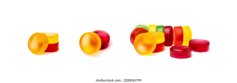 Round gummy candy piles set isolated. Chewing colorful marmalade pills, jelly gumdrops heap, gelatin candies colection on white background side view