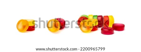 Round gummy candy piles set isolated. Chewing colorful marmalade pills, jelly gumdrops heap, gelatin candies colection on white background side view