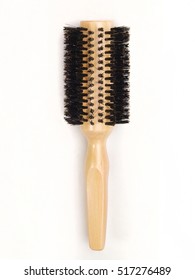 Round Hair Wooden Brush On White Background