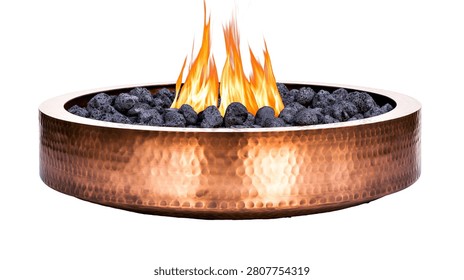 Round hammered copper fire pit with burning black lava rocks and bright flames