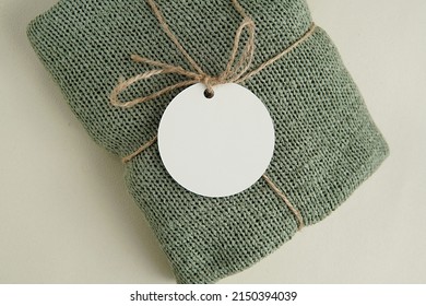 Round Hangtag Mockup For Design Presentation On Handmade Knitted Product, Logo Label Template.