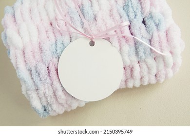 Round Hangtag Mockup For Design Presentation On Handmade Knitted Product, Logo Label Template.