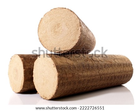 Round Hardwood Sawdust Briquettes - Compressed Biomass Wood Fire Logs isolated on white Background