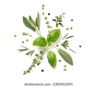 round herb ornament made of various fresh Mediterranean herbs laid out in a circle, isolated food or cooking design element with white background and subtle natural shadows, top view, flat lay