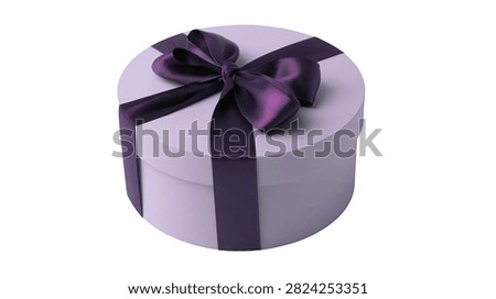 Round lavender gift box with dark purple satin ribbon bow