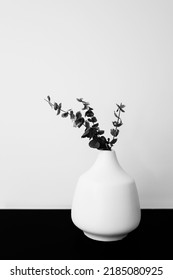 Round Leaves In The Branches Arranged In A White Ceramic Vase. Interior Object Still Life In Monochromatic Colors On The Black Table Against White Wall Backdrop.