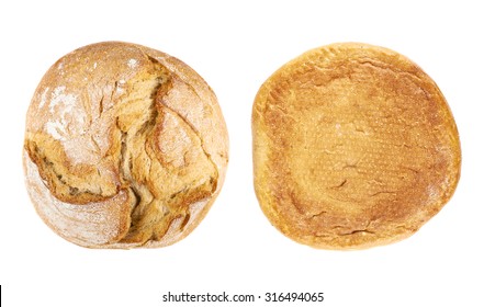 Round Loaf Of Bread Isolated Over The White Background, Set Of Two Foreshortenings, Top And Above View