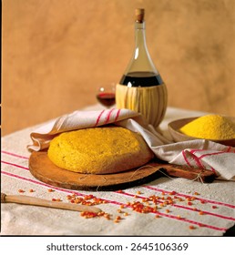 Round loaf of corn bread on a wooden cutting board, polenta flour in a bowl, a fiasco of red wine, a glass of wine and some corn kernels scattered on a table with a white and red tablecloth
