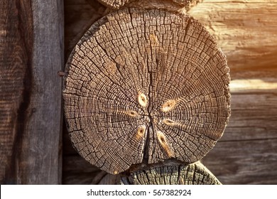 Round Logs Old Wooden House With A Solar Flare