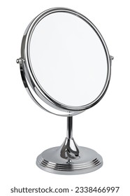 Round mirror for makeup. Magnifying mirror with 360° rotating. Cosmetic, cosmetology or makeup desk mirror. Silver metal stand magnify mirror for beauty salon. Woman skincare bathroom accessories