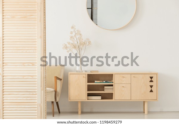 Round Mirror On White Wall Above Stock Photo Edit Now 1198459279