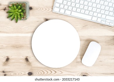 Round mouse pad mock up. Office desk with keyboard - Shutterstock ID 2033217143