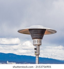 Round Mushroom Propane Patio Heater In Outdoor Restaurant Patio. Gas Heater For Patio-Vancouver BC. Street Photo, Travel Photo, Selective Focus, Nobody