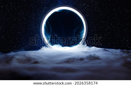 Round mystical portal. Neon color geometric circle on dark background. Futuristic smoke. 