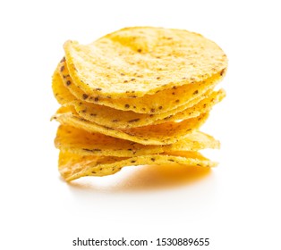 Round Nacho Chips. Yellow Tortilla Chips Isolated On White Background.