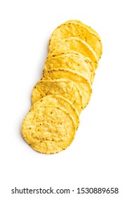 Round Nacho Chips. Yellow Tortilla Chips Isolated On White Background.