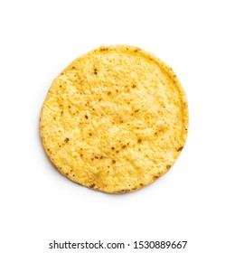 Round Nacho Chips. Yellow Tortilla Chips Isolated On White Background.