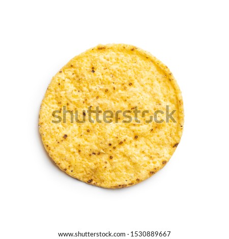 Round nacho chips. Yellow tortilla chips isolated on white background.