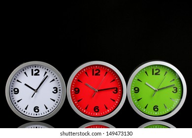 Round Office Clocks On Black Background Stock Photo 149473130 ...