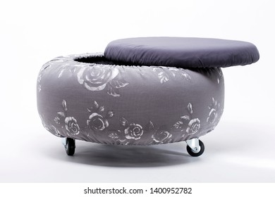 Round Ottoman Stool Chair With Decorative Fabric Upholstery And Storage Space