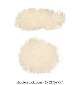 Round and oval pieces, scraps of the old fabric of their canvas. The patch, cloth, garbage, dry waste, scraps of clothing. Texture background fabric in beige color isolated on a white background.