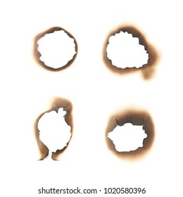 Round Paper Burn Mark Stained Hole Isolated Over The White Background , Set Of Several Different Foreshortenings