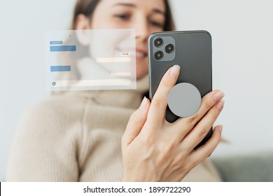 Round Phone Grip Behind The Mobile With Woman Using The Phone