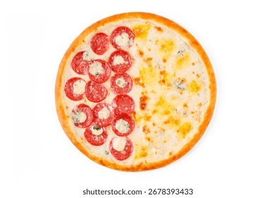 Round pizza split in half with one side topped with pepperoni and blue cheese, and the other side featuring a four-cheese blend on a golden crust, served on white background.