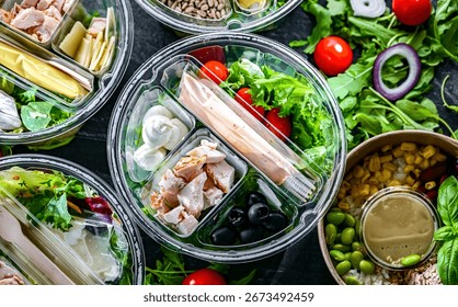 Round plastic boxes with pre-packaged vegetable salads. Convenience food