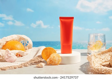 Round podium with a red tube of sunscreen standing on. The concept of protection against ultraviolet rays and the harmful effects of the sun on the skin - Powered by Shutterstock