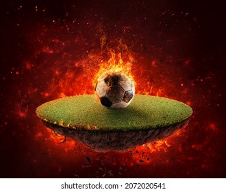 Round Portion Of Football Ground With Fiery Soccer Ball