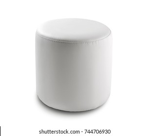 Round Pouf In White Faux Leather Isolatrd On White Background