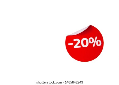 Round Red Discount Sticker With Curled Edge On A White Background Isolated.