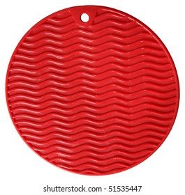 Round Red Silicone Oven Pad Over White.